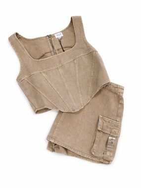 LeLis Taupe Denim Corset Top and Cargo Skirt Set